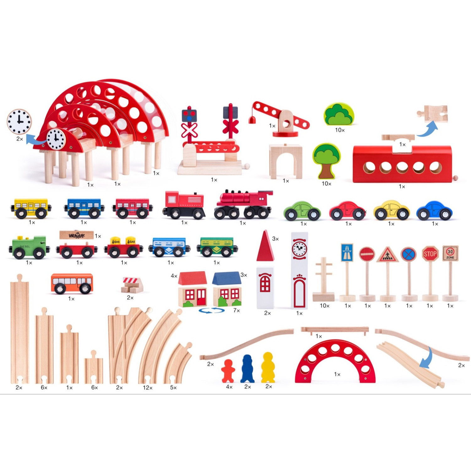 Wooden train set with rails and accessories, 130 pieces Age: 2+ Number of pieces: 130