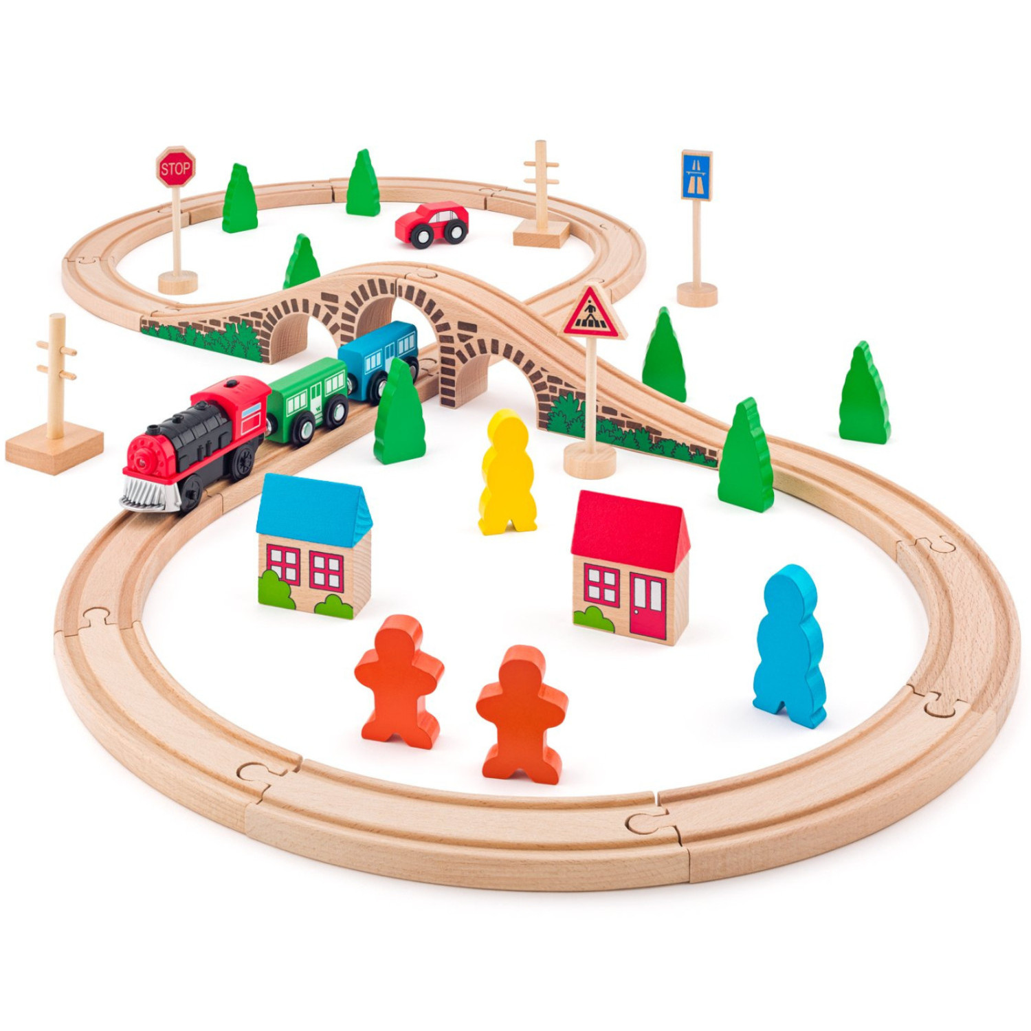Wooden train and locomotive set with batteries in a box, 40 pieces Age: 3+ Number of pieces: 40