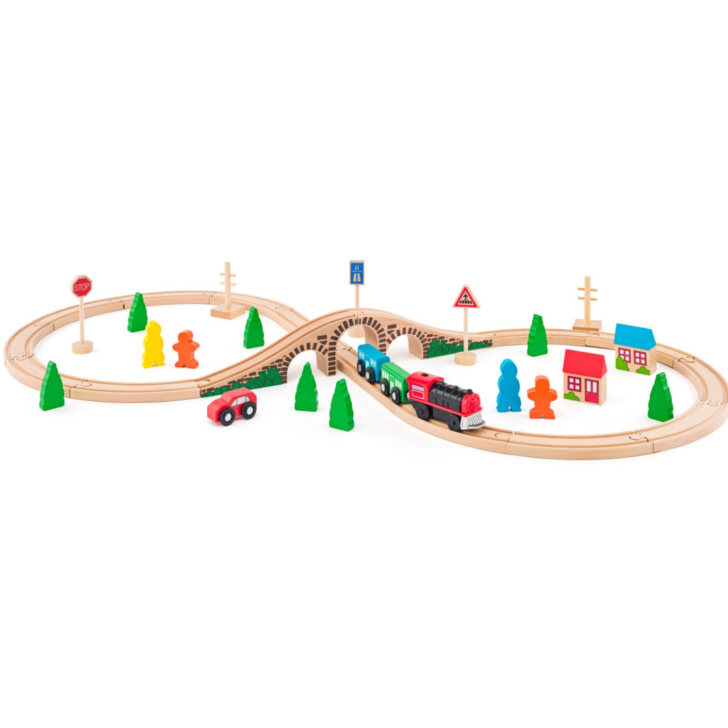 Wooden train and locomotive set with batteries in a box, 40 pieces Age: 3+ Number of pieces: 40