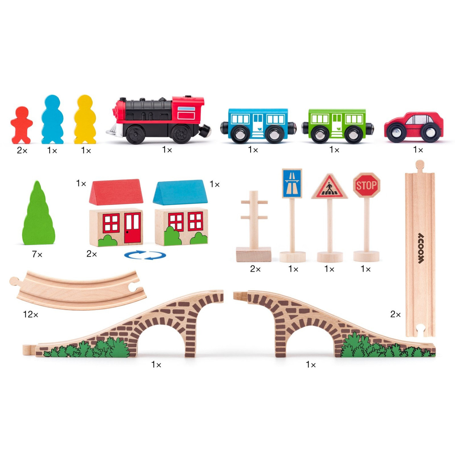 Wooden train and locomotive set with batteries in a box, 40 pieces Age: 3+ Number of pieces: 40