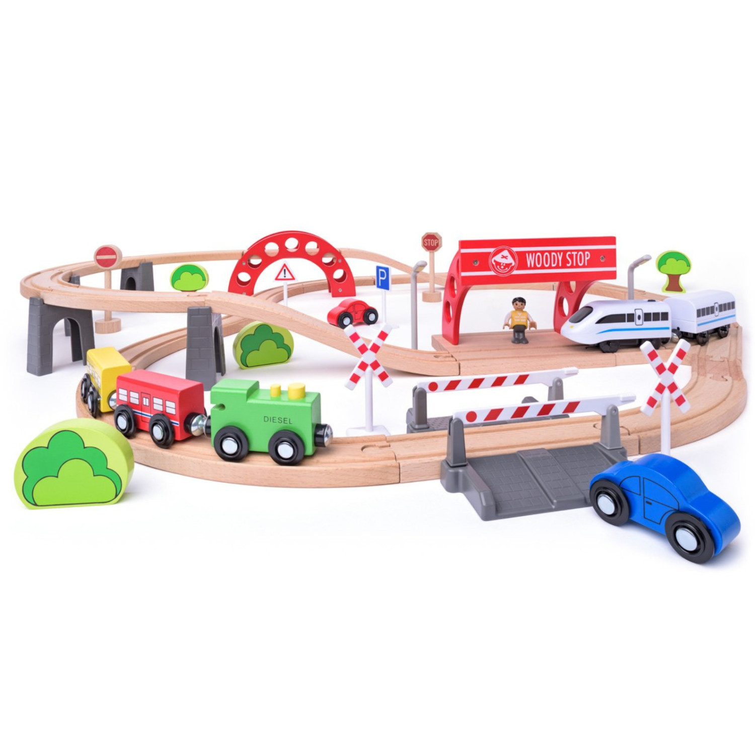 Комплект дървен влак и електрически локомотив, 60 части Възраст: 3+
Брой части: 60