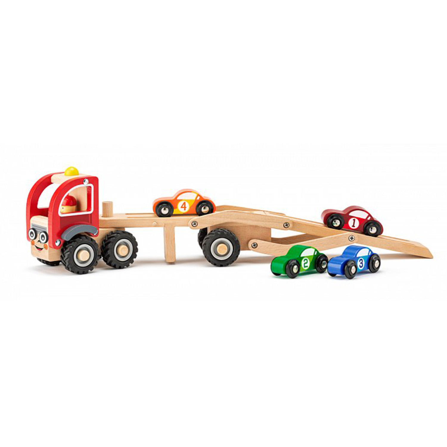 Wooden car transporter with racing cars Age: 3+ Size: 30x13x9 cm