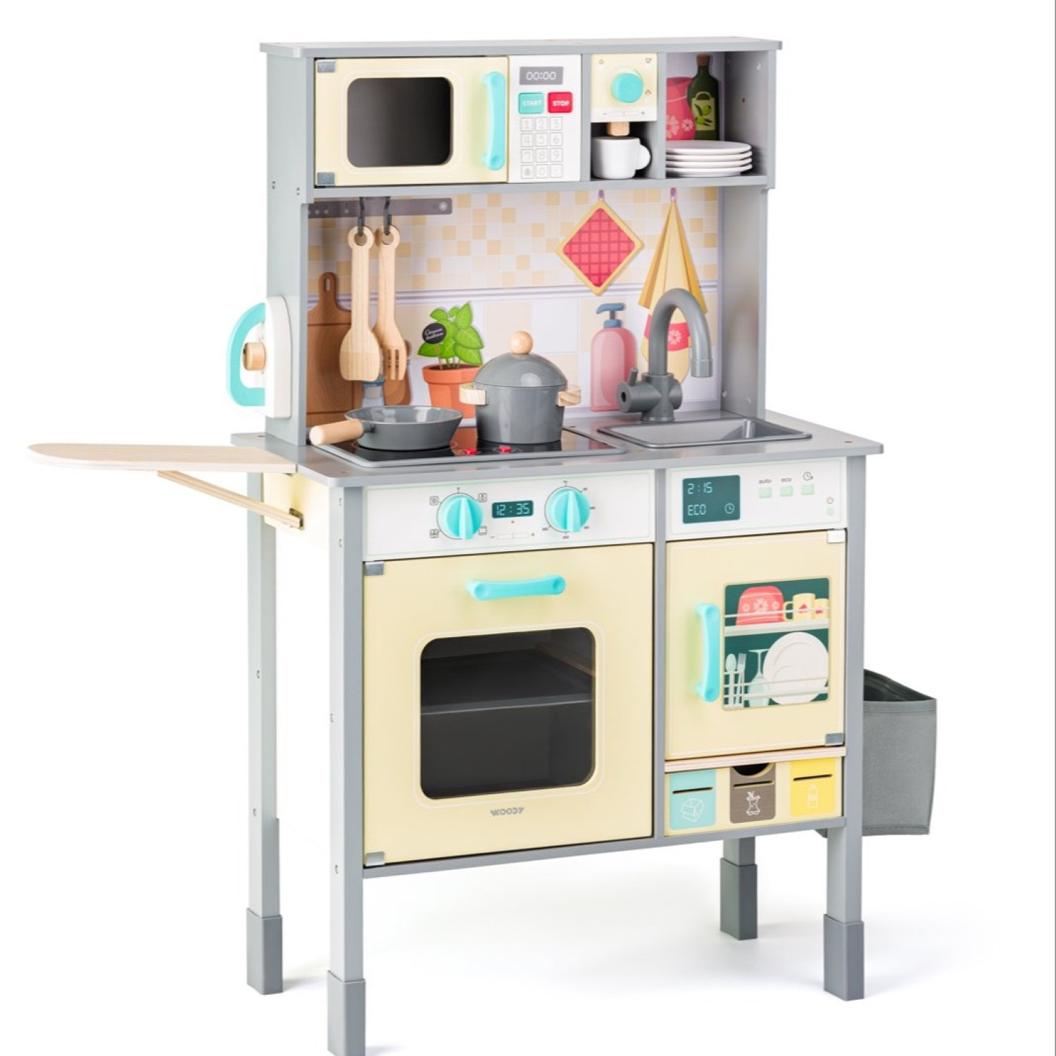 Wooden kitchen with accessories and blackboard Age: 3+ Size: 53x68x15.5 cm