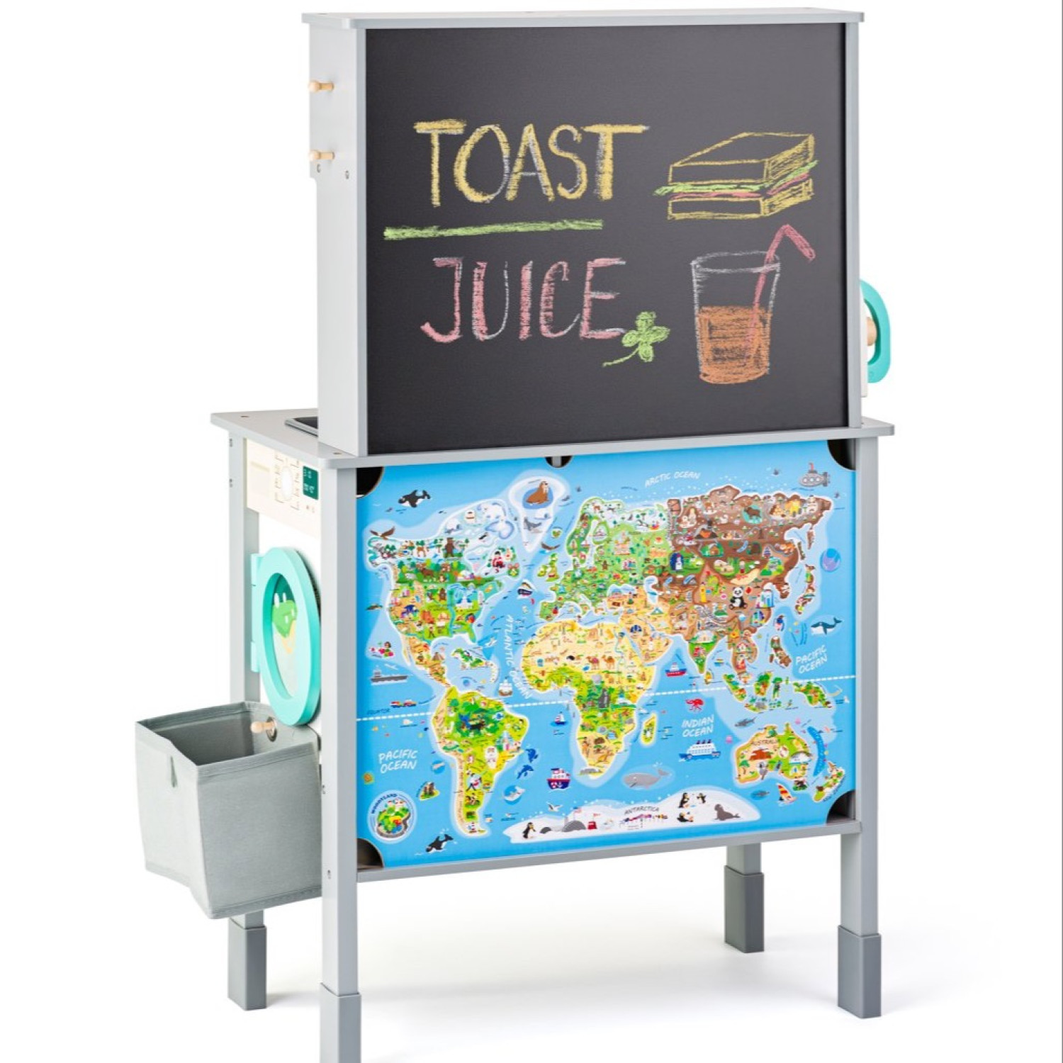 Wooden kitchen with accessories and blackboard Age: 3+ Size: 53x68x15.5 cm