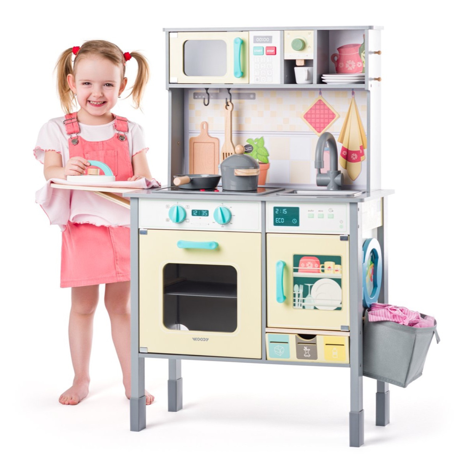 Wooden kitchen with accessories and blackboard Age: 3+ Size: 53x68x15.5 cm