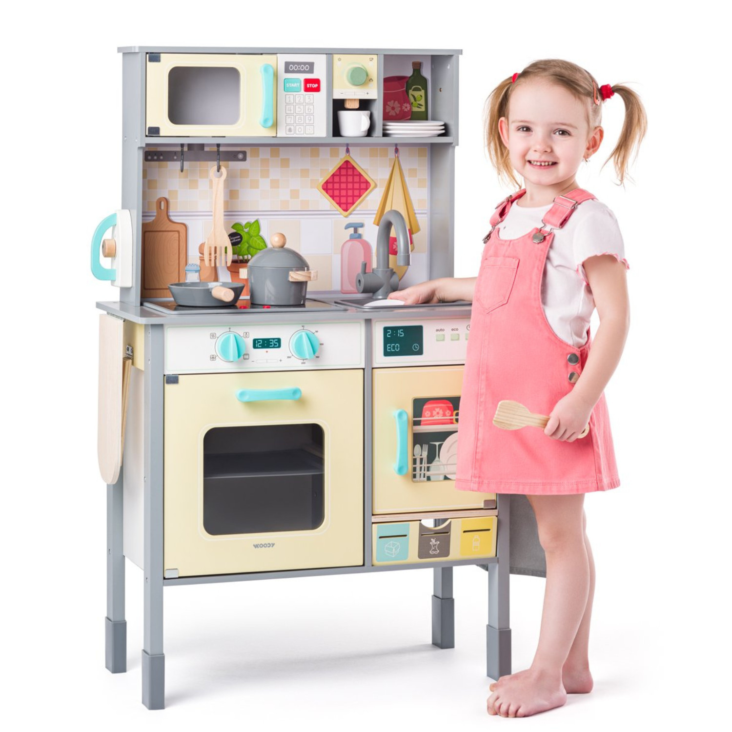 Wooden kitchen with accessories and blackboard Age: 3+ Size: 53x68x15.5 cm