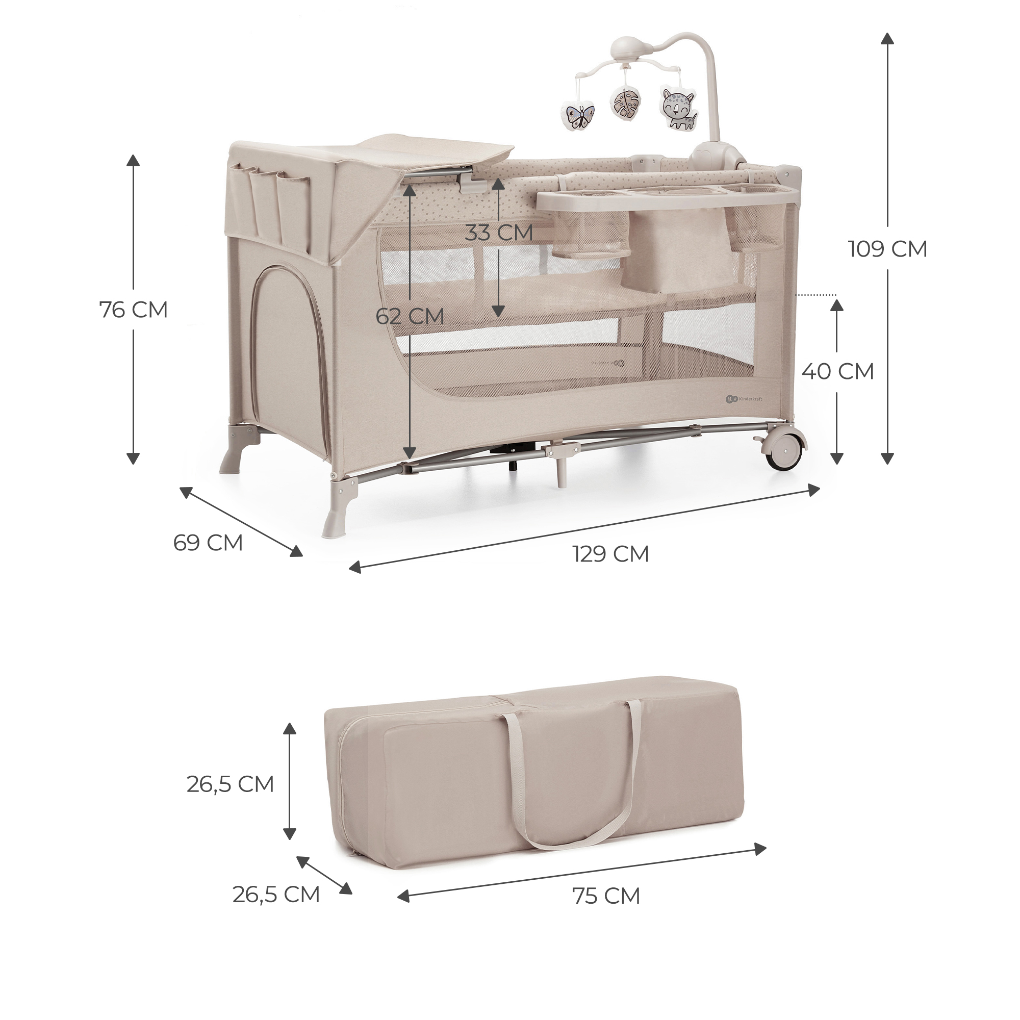 Kinderkraft JOY FULL 2 бебешка кошара с аксесоаври BEIGE