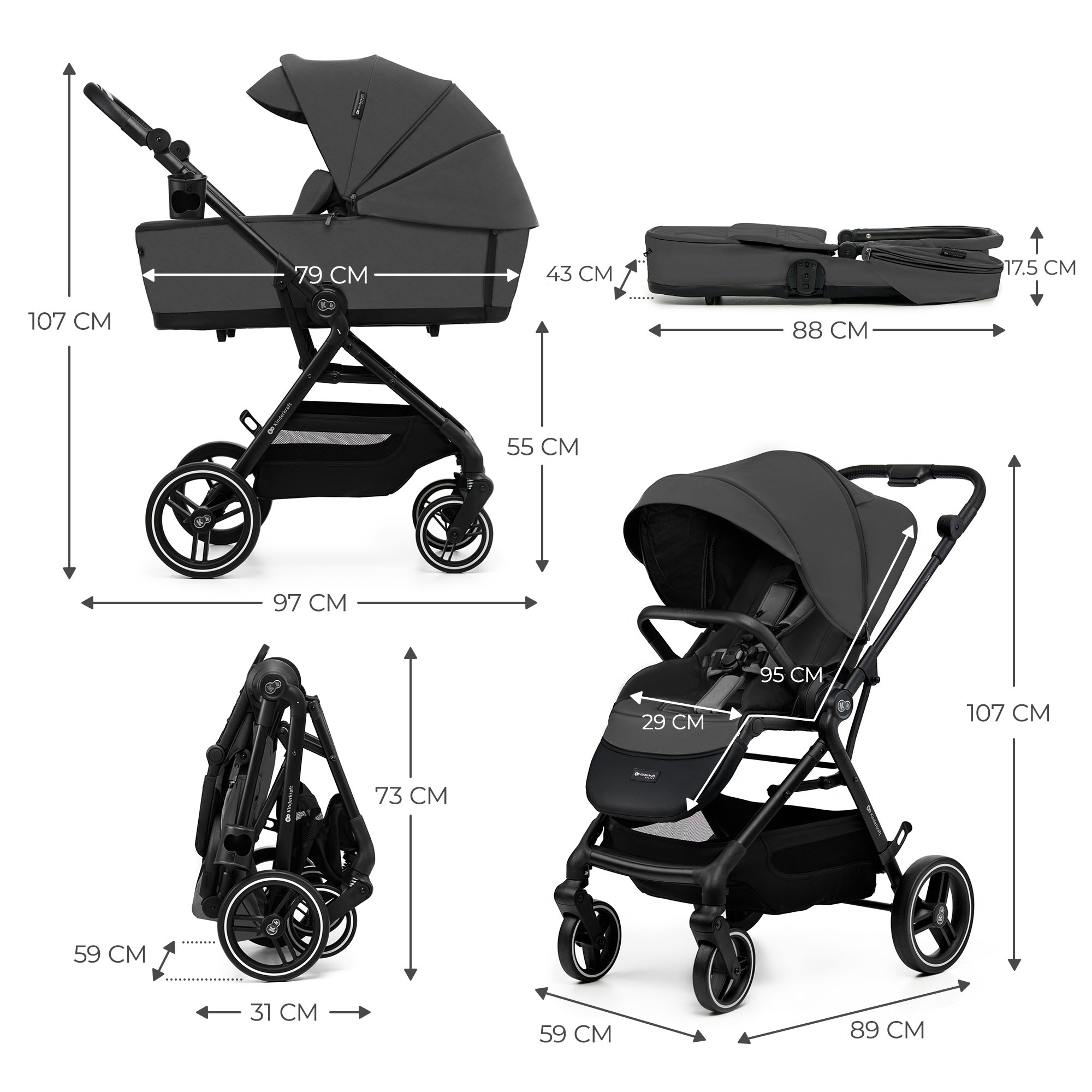 Kinderkraft YOXI baby stroller 3in1 MOONLIGHT GREY