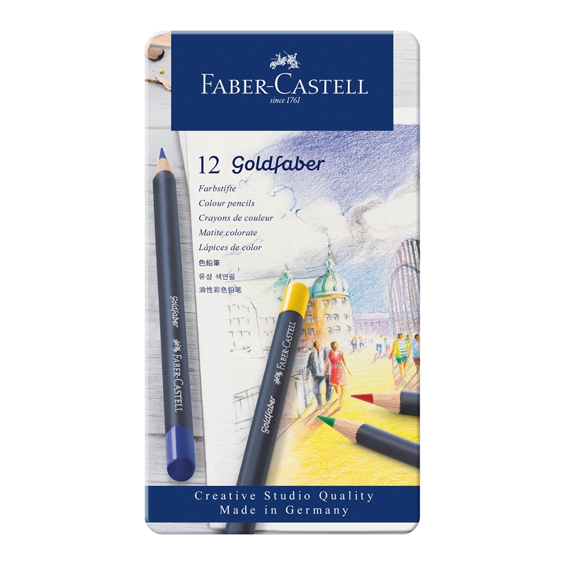 Faber-Castell Goldfaber colored pencils, 12 colors, in a metal case