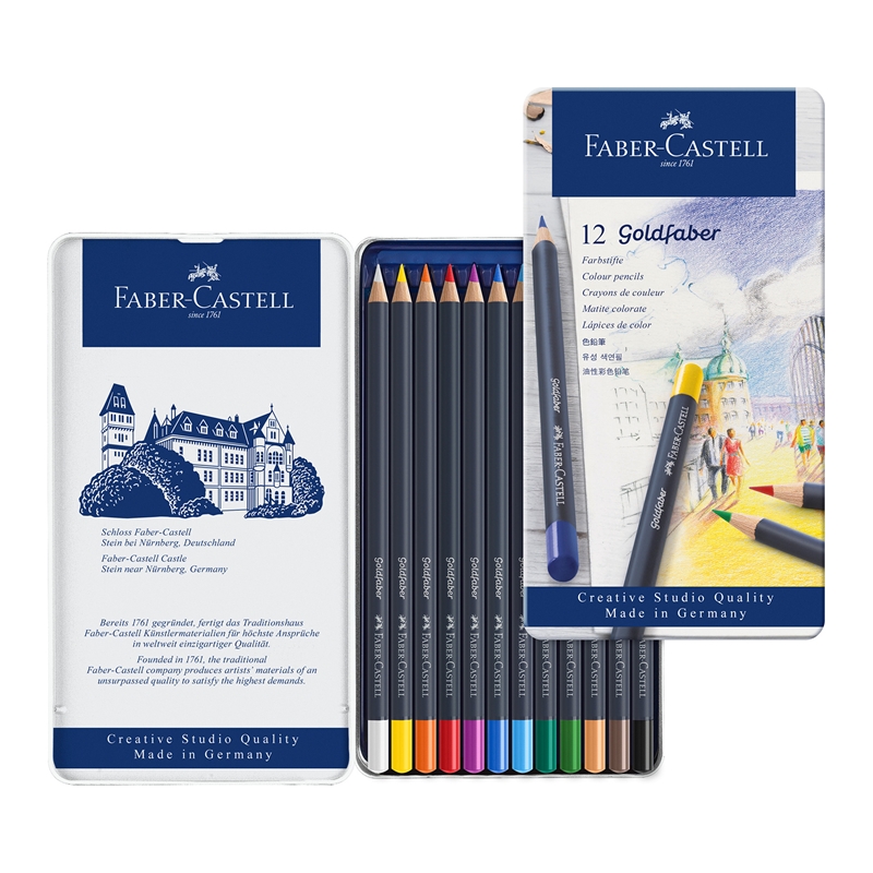 Faber-Castell Goldfaber colored pencils, 12 colors, in a metal case