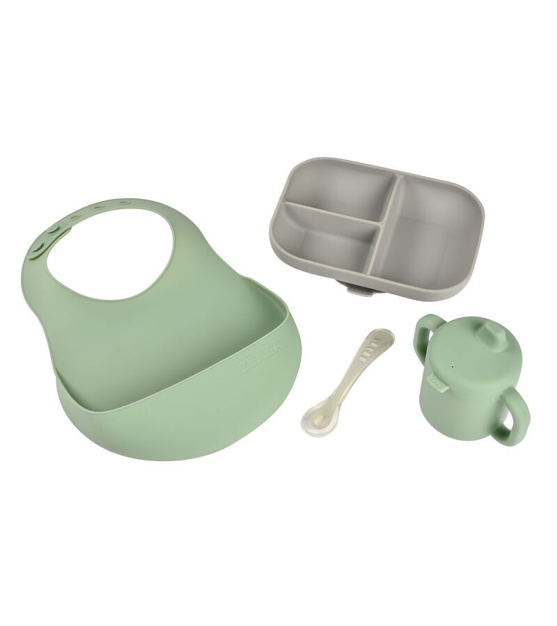 Комплект за хранене с чашка и лигавник - grey / sage green