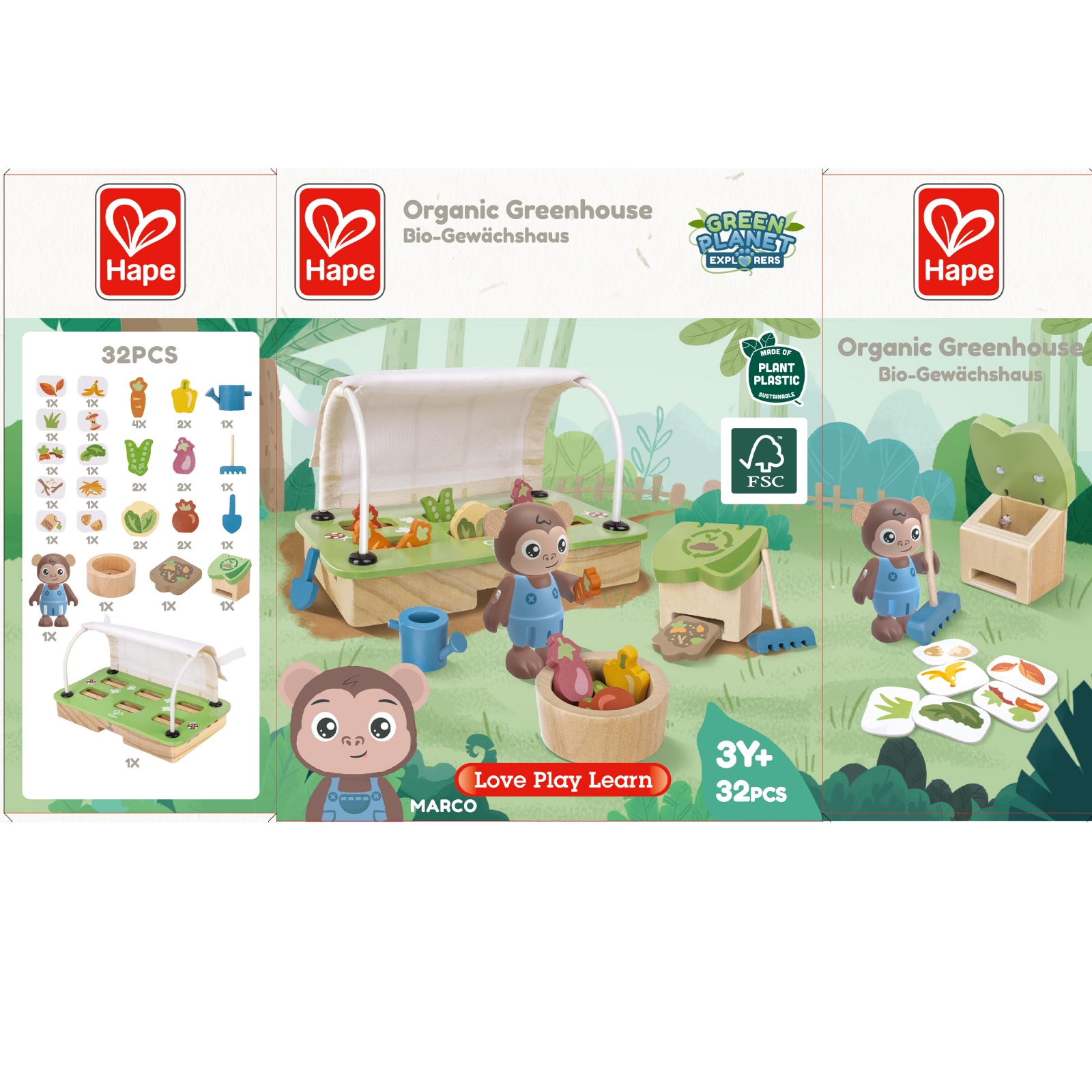 Интерактивен дървен комплект, Hape, Органична оранжерия, 32 части