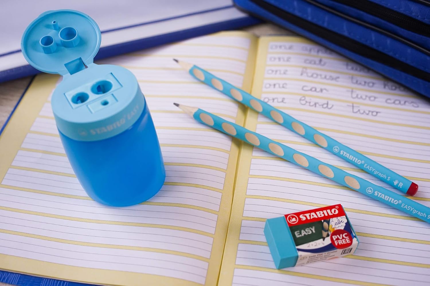 Set of ergonomic pencils, Stabilo, EASYgraph S, Right hand, 2 pieces with sharpener and eraser, Blue