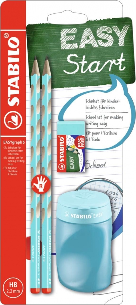 Set of ergonomic pencils, Stabilo, EASYgraph S, Right hand, 2 pieces with sharpener and eraser, Blue