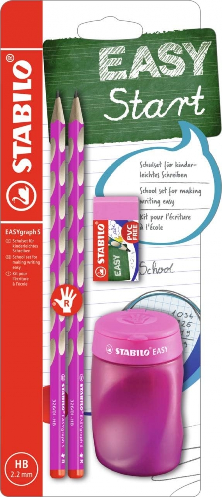 Set of ergonomic pencils, Stabilo, EASYgraph S, Right hand, 2 pieces with sharpener and eraser, Pink