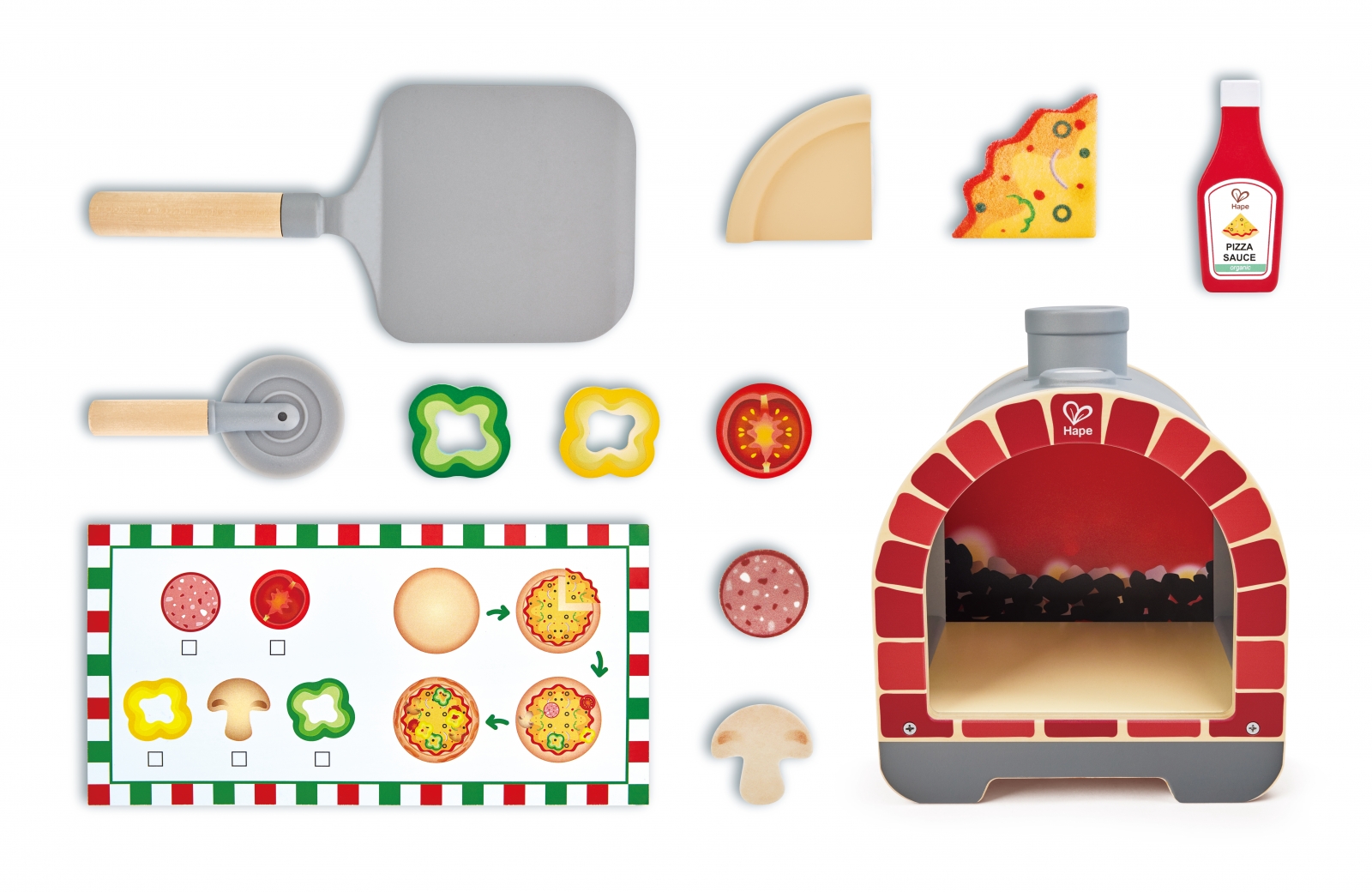 Interactive wooden set, Hape, Pizza oven with accessories, 23 pieces