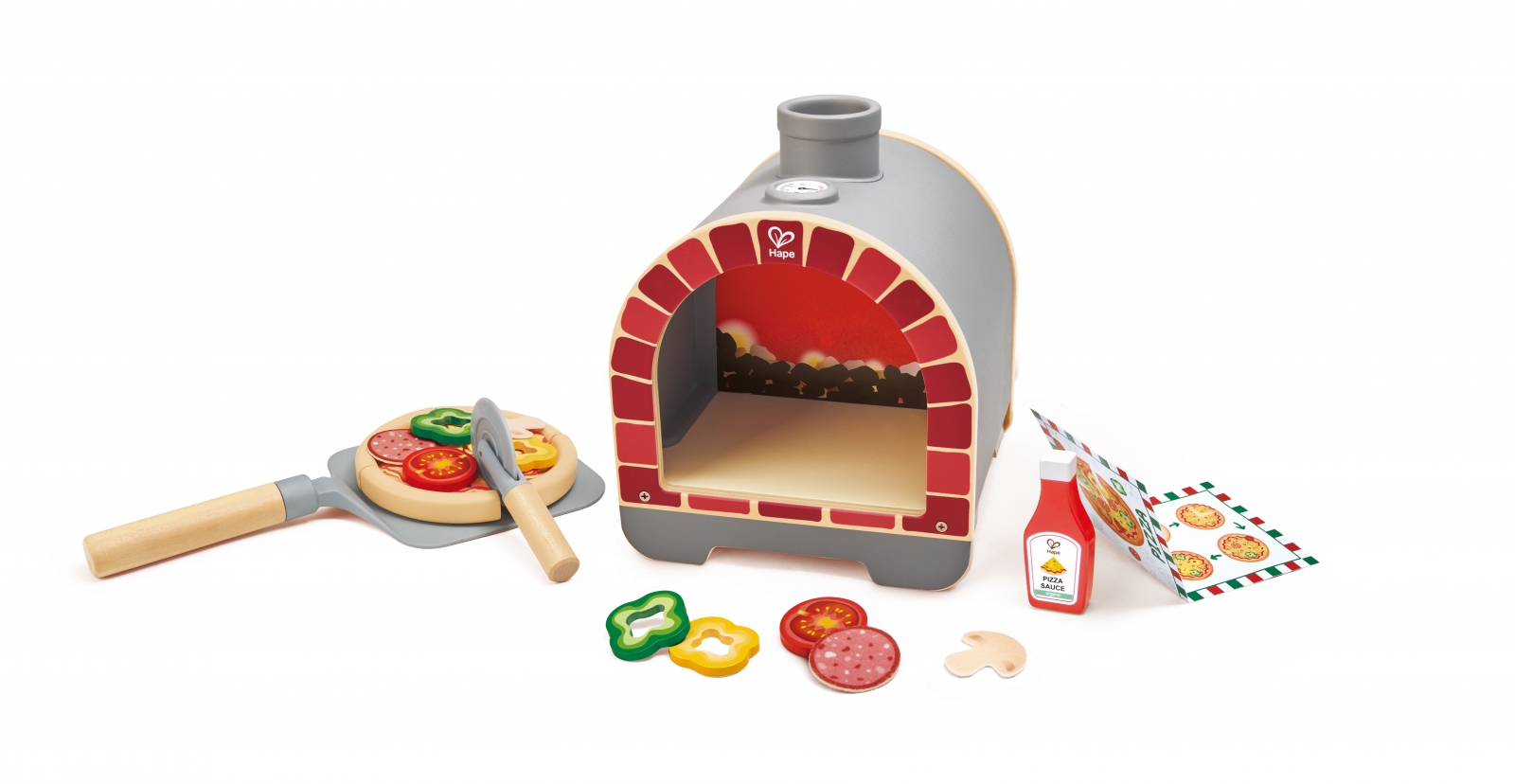 Interactive wooden set, Hape, Pizza oven with accessories, 23 pieces