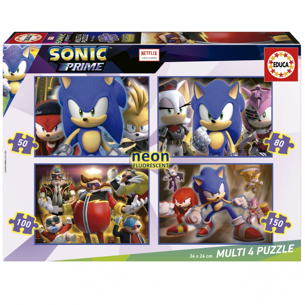 Прогресивен пъзел Sonic Prime 4 в 1 Neon, 50/80/100/150 части