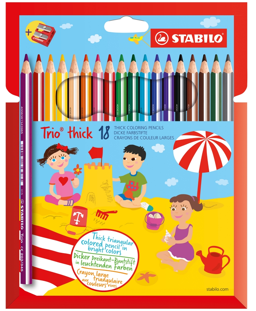 Комплект цветни моливи и острилка, Stabilo, Trio Thick, 18 цвята