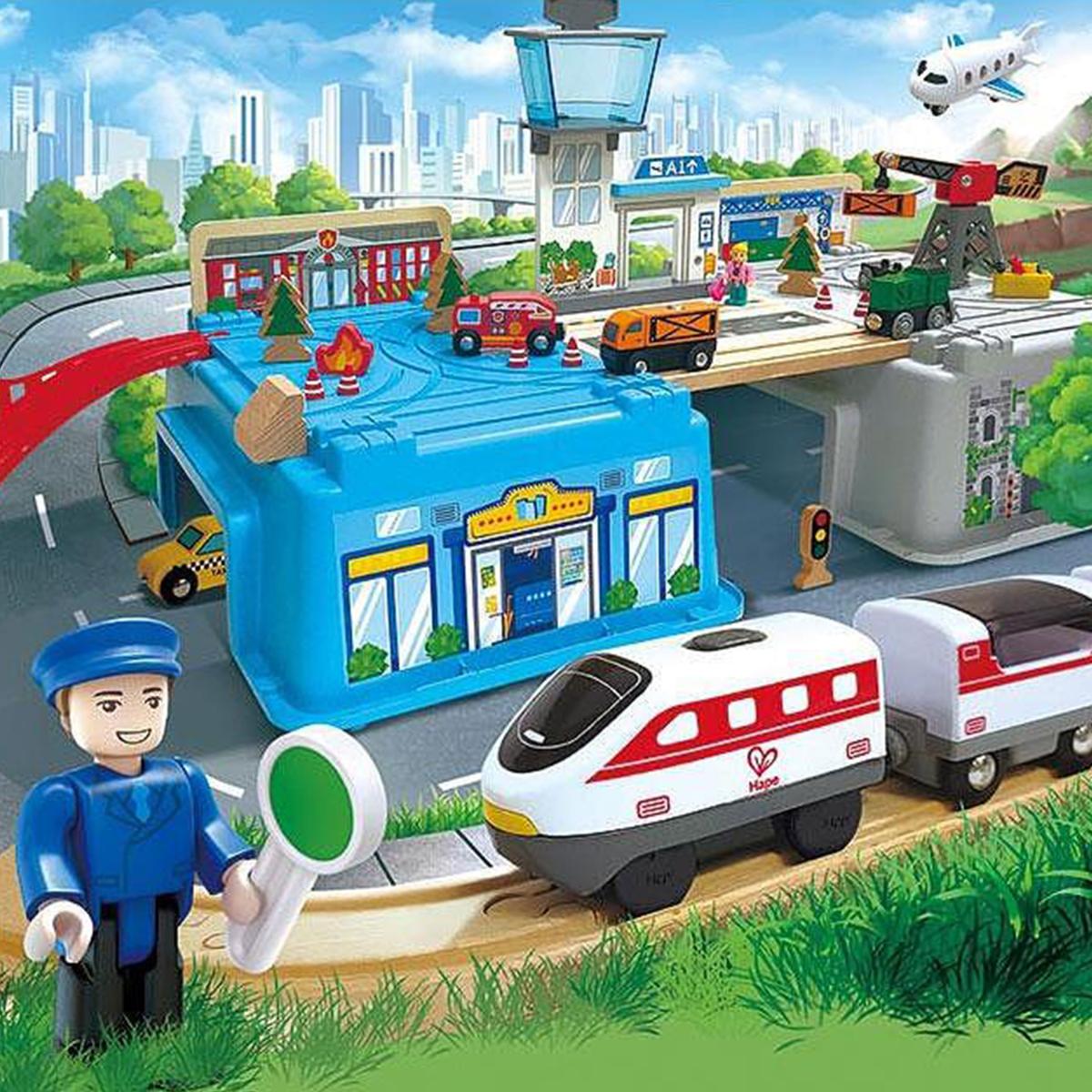 Комплект дървен влак в кутия Мегаполис, 80 части