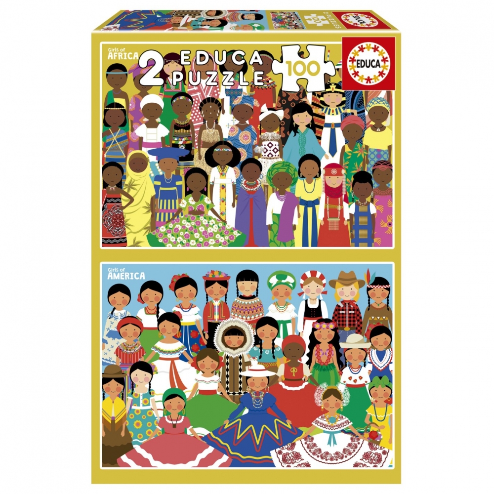 Puzzle, Educa, Girls from America and Africa 2 in 1, 2x100 pieces