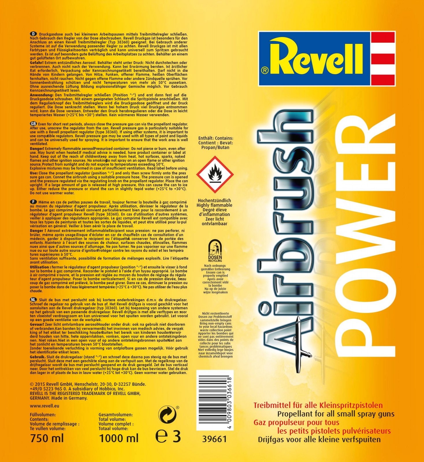 Bottle of compressed gas for airbrush, Revell, 750 ml