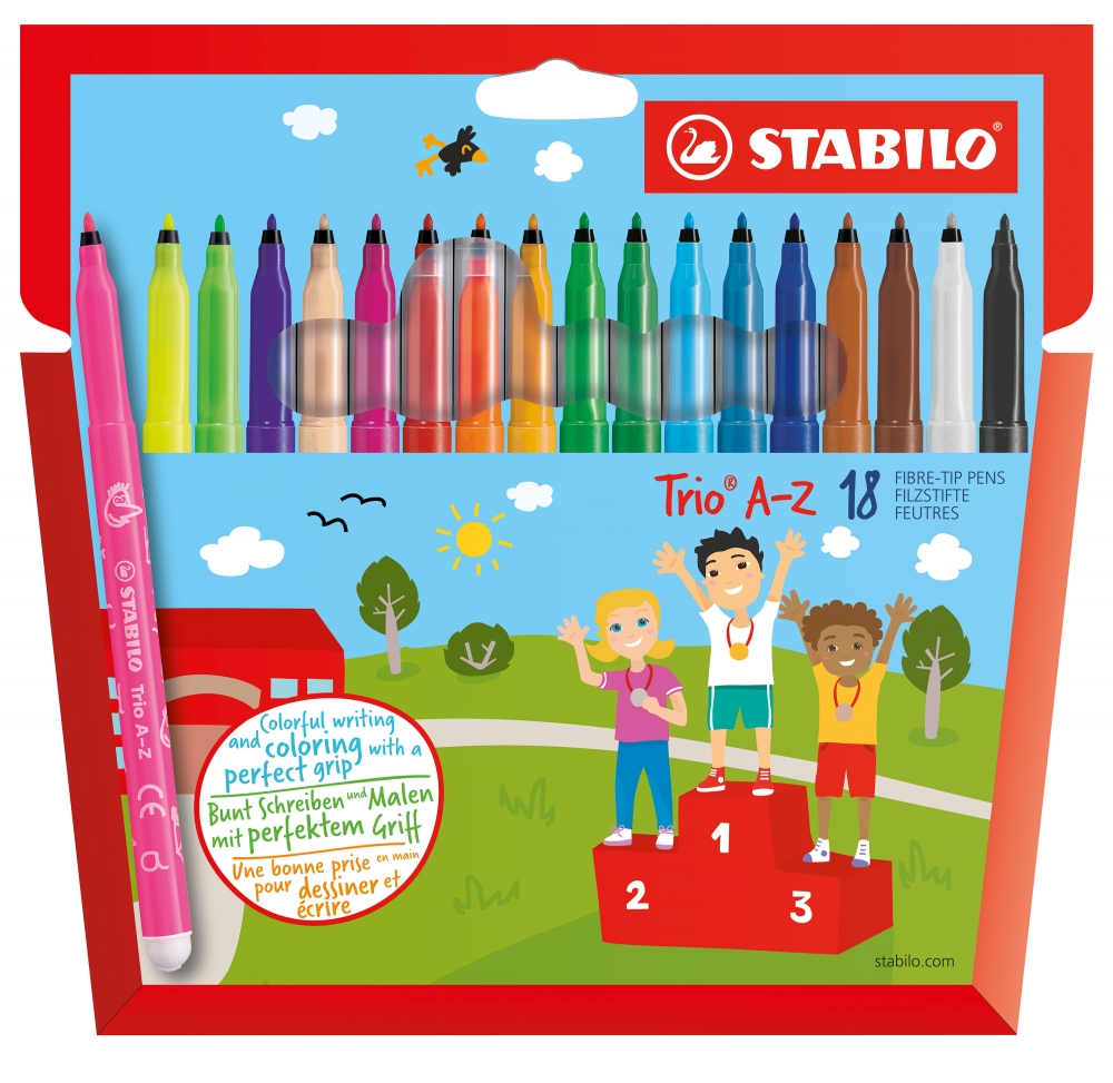 Комплект флумастери, Stabilo, Trio A-Z, 18 цвята