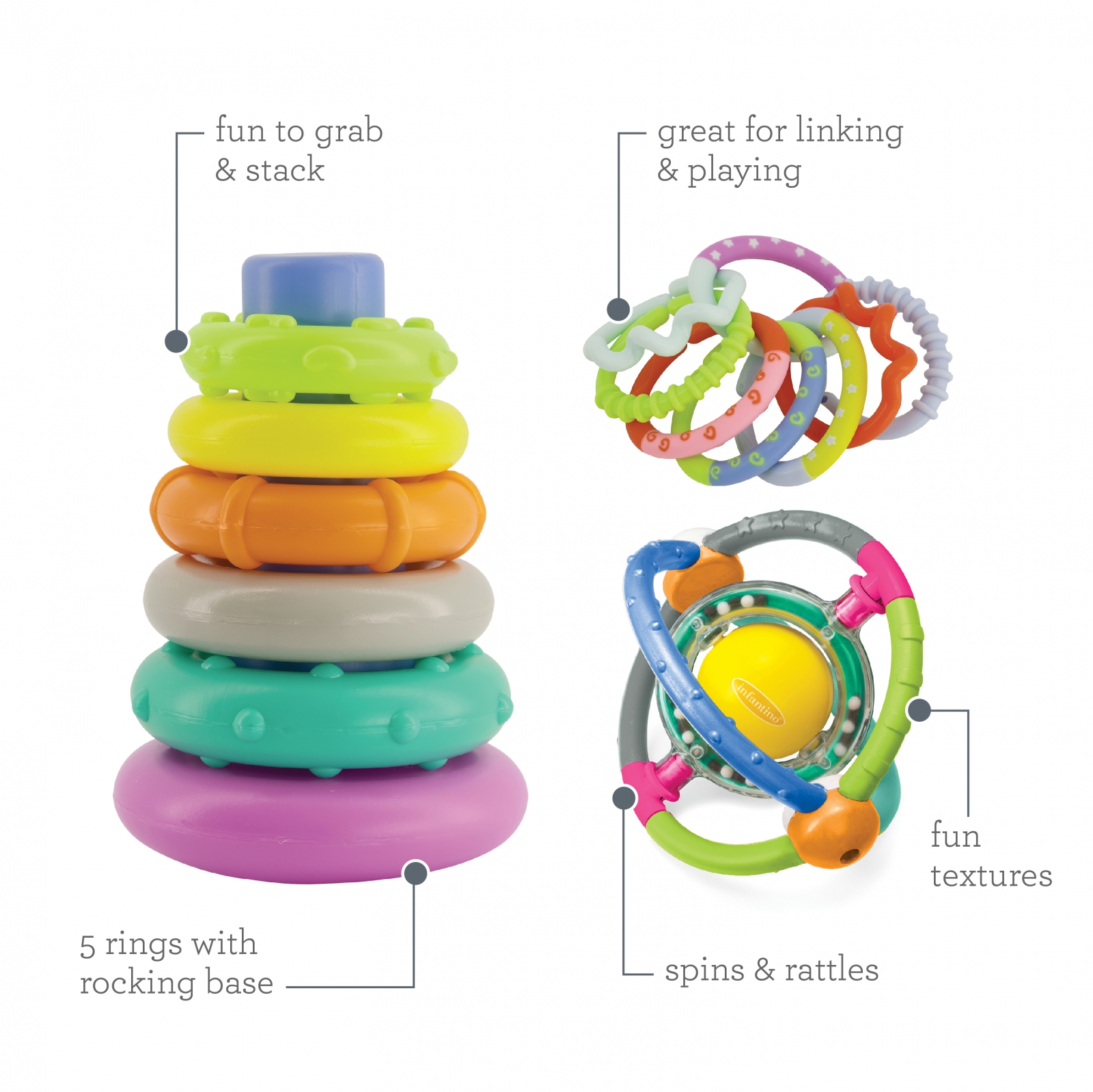 Set of 3 colorful baby toys, Infantino, 15 pieces