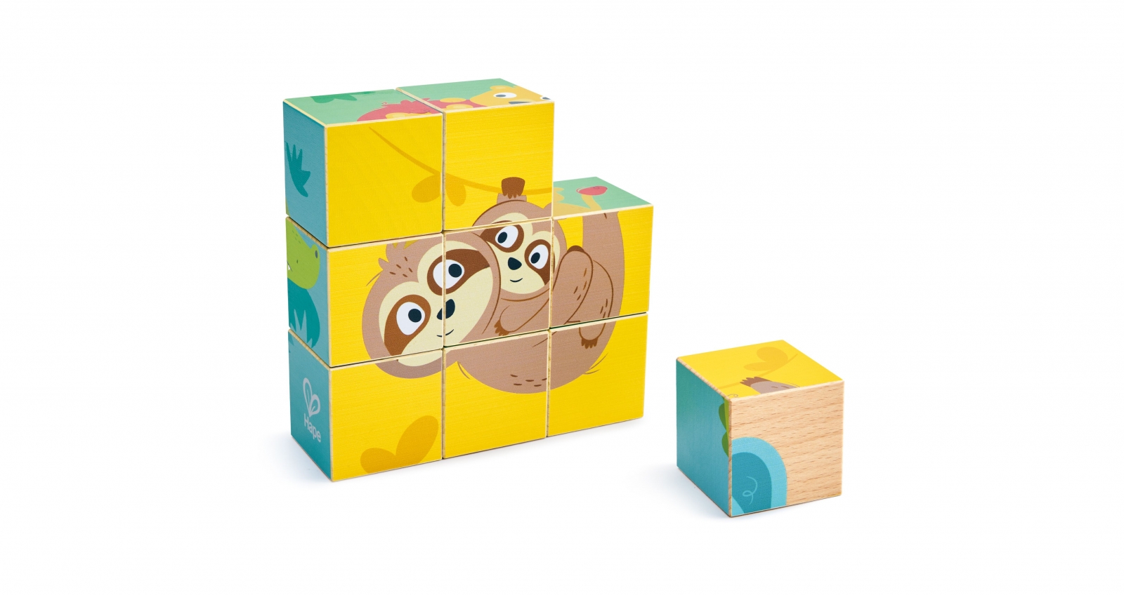 Дървен пъзел с кубчета, Hape, Диви животни, 9 части
