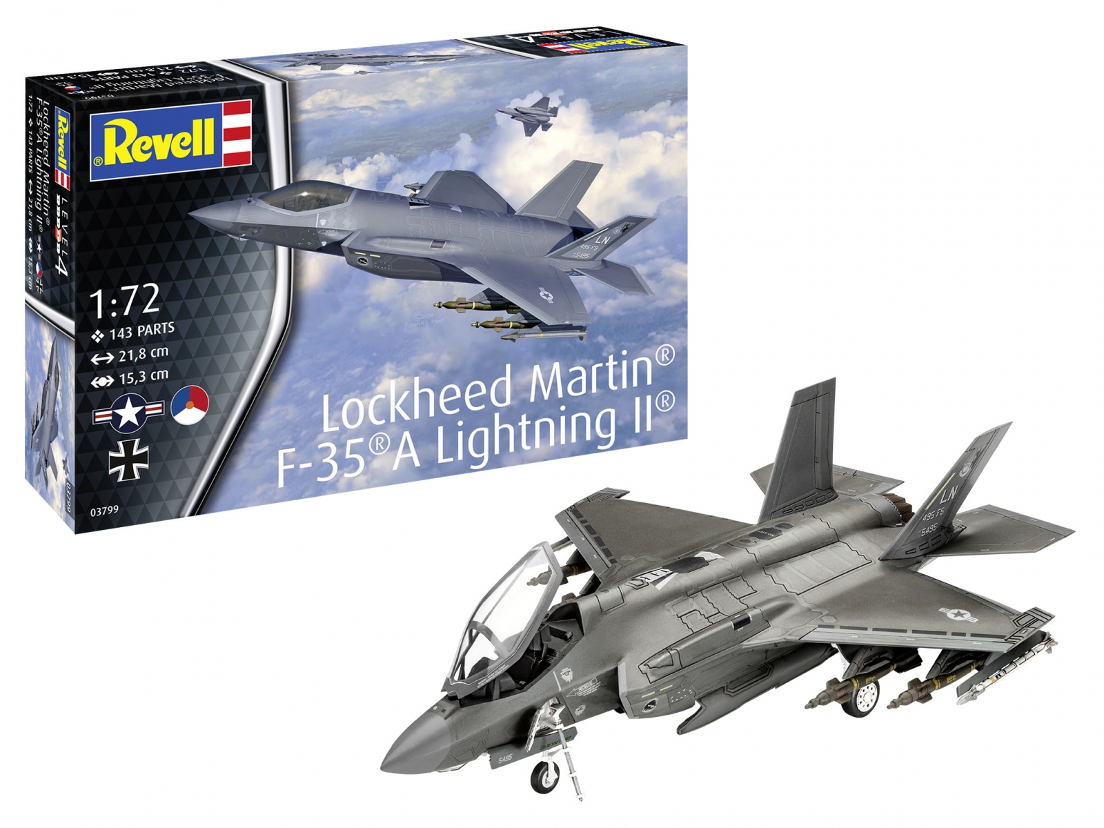 Assembly model, Revell, Lockheed Martin F-35 A Lightning II fighter jet, 143 parts