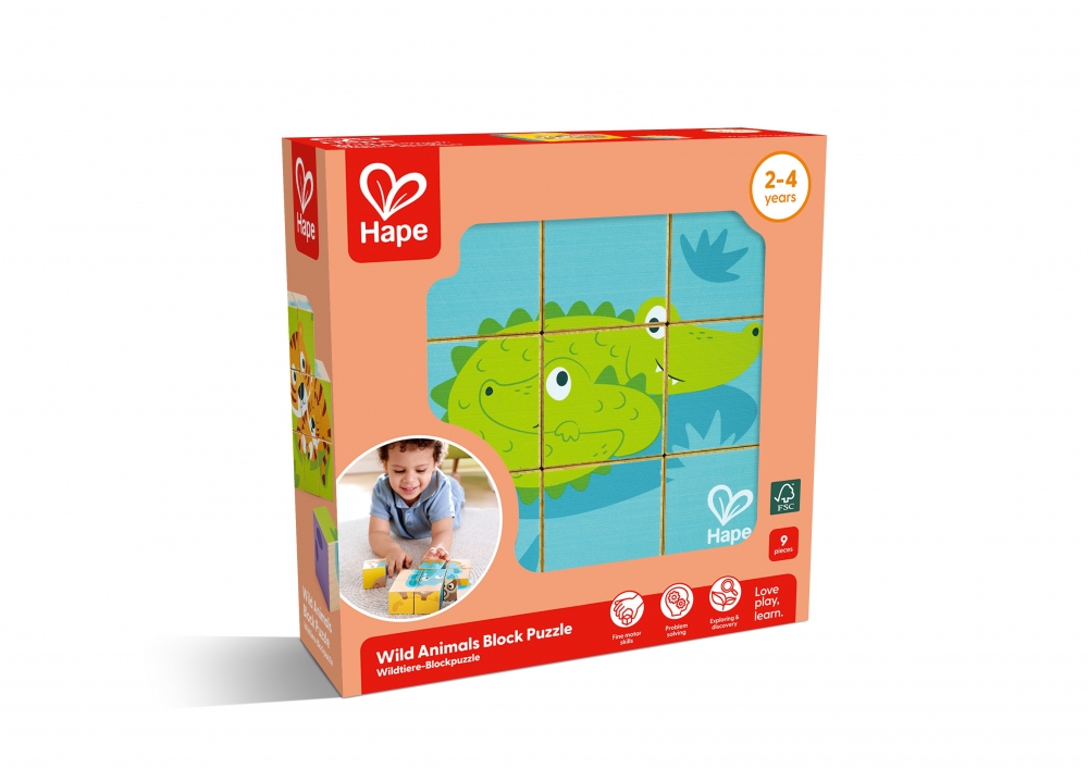 Дървен пъзел с кубчета, Hape, Диви животни, 9 части