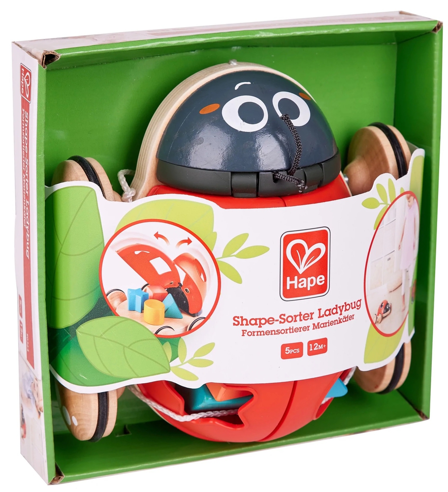 Дървена играчка за дърпане и сортиране, Hape, Калинка, 20 х 18 х 7 см