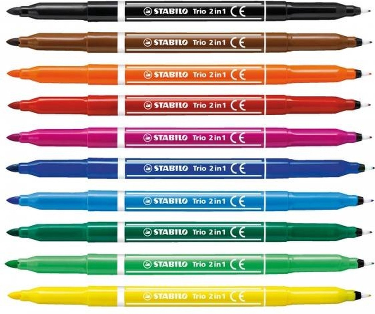 Комплект флумастери, Stabilo, Trio 2 в 1, 10 цвята
