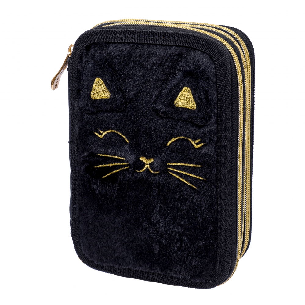 Triple vanity case with accessories, Astra, Fluffy black kitten, AC31, 20.5 x 13 x 6 cm