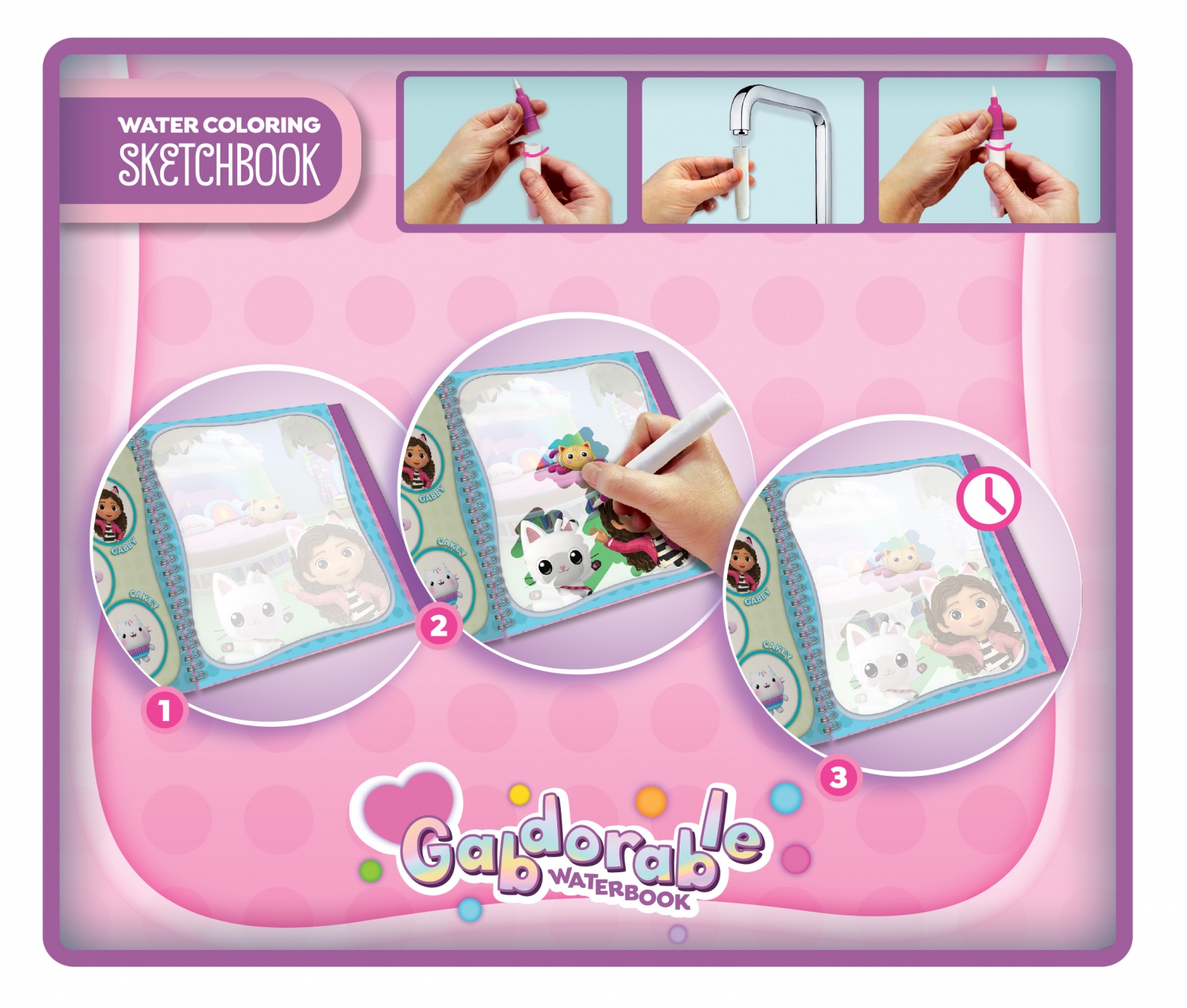 Творчески комплект, Lisciani, Gabby′s Dollhouse, Книжка за оцветяване с вода, Gabdorable