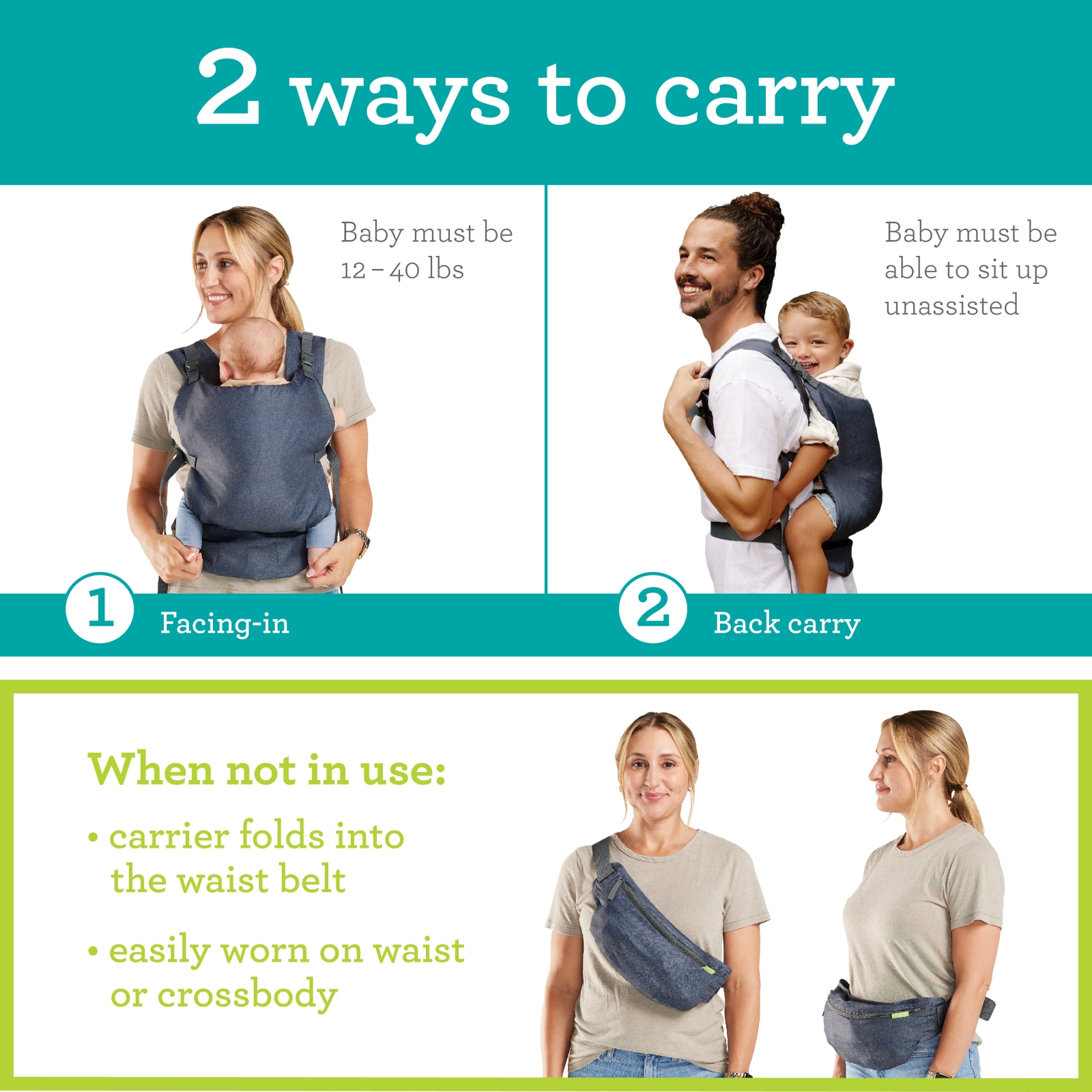 Ergonomic baby carrier, Infantino, 2 in 1, Dark gray, from 5.4 to 18 kg.