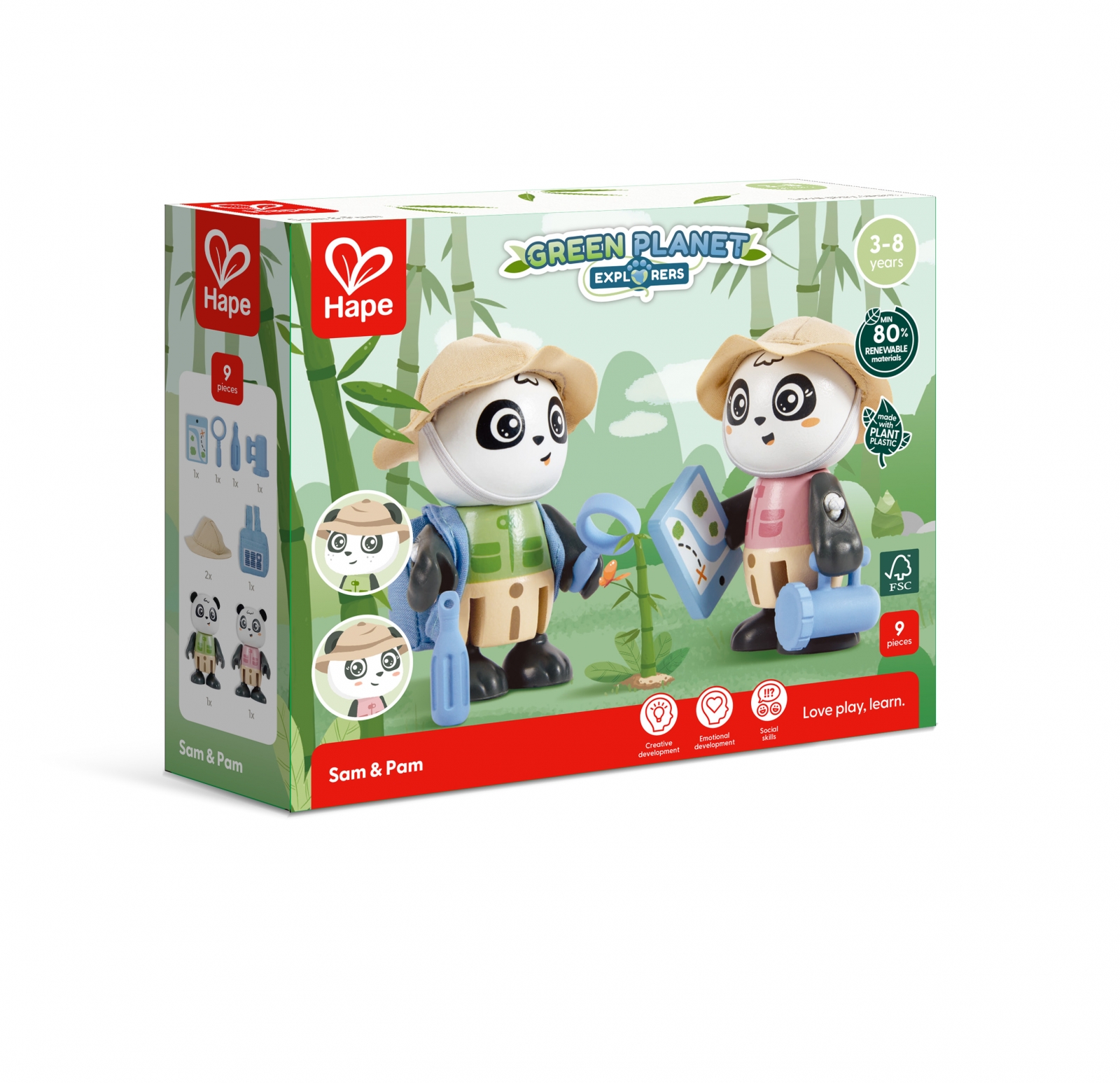 Дървен комплект, Hape, Пам и Сам, 8 части