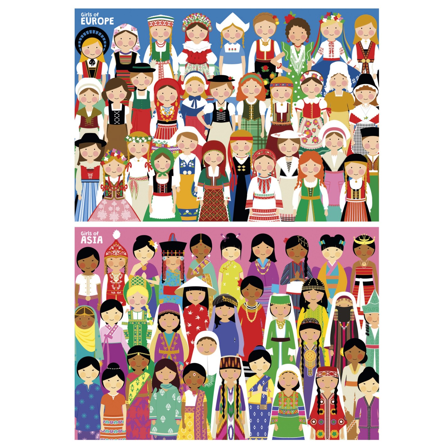 Puzzle, Educa, Girls from Europe and Asia 2 in 1, 2x100 pieces