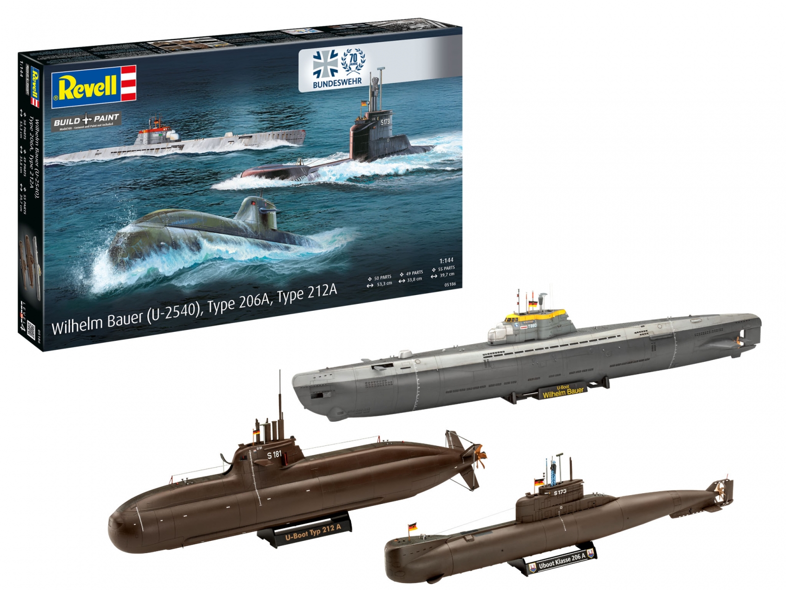 Assembly model kit, Revell, 70th anniversary Bundeswehr submarine: Wilhelm Bauer, Type 206A, Class2, 154 parts