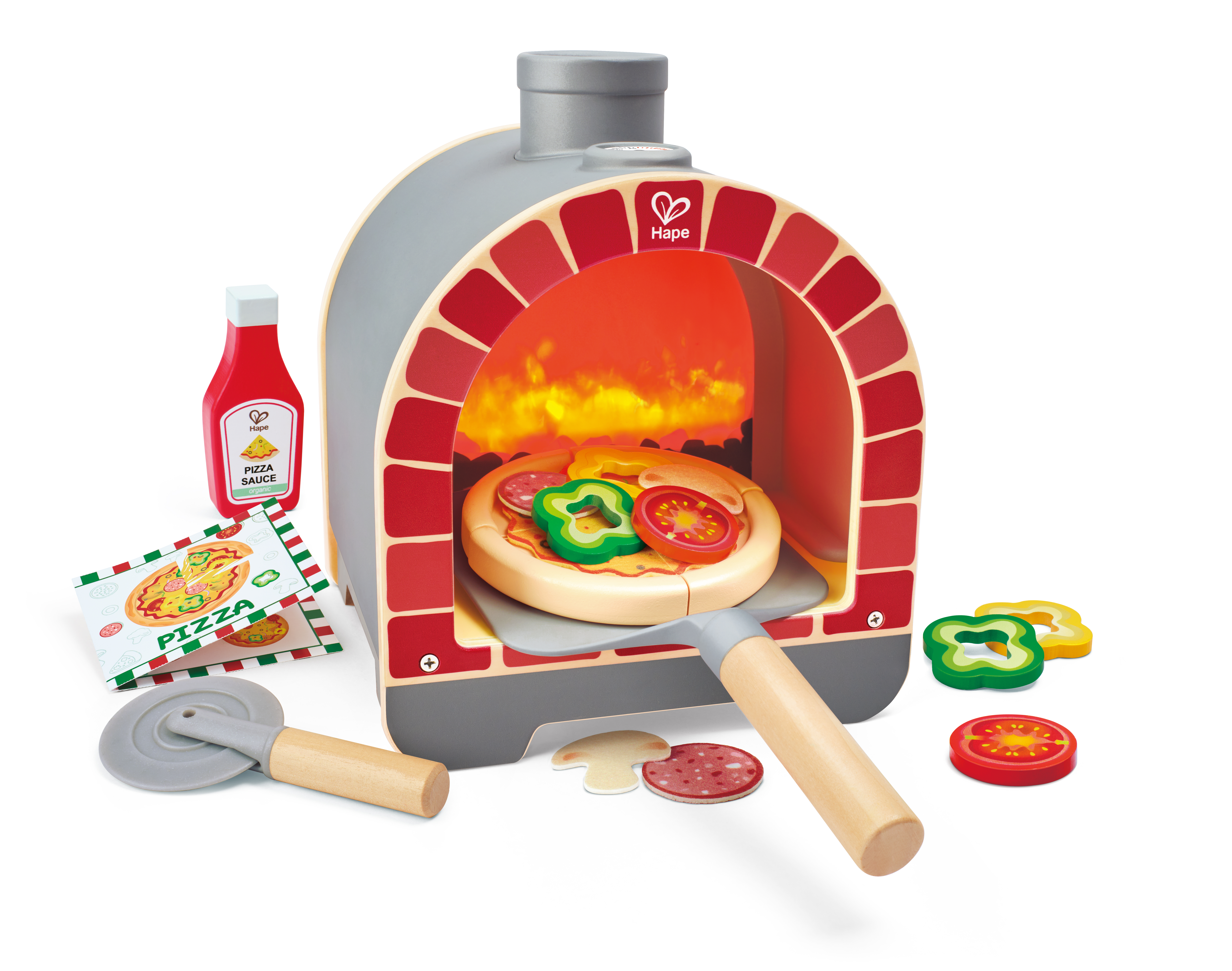 Interactive wooden set, Hape, Pizza oven with accessories, 23 pieces
