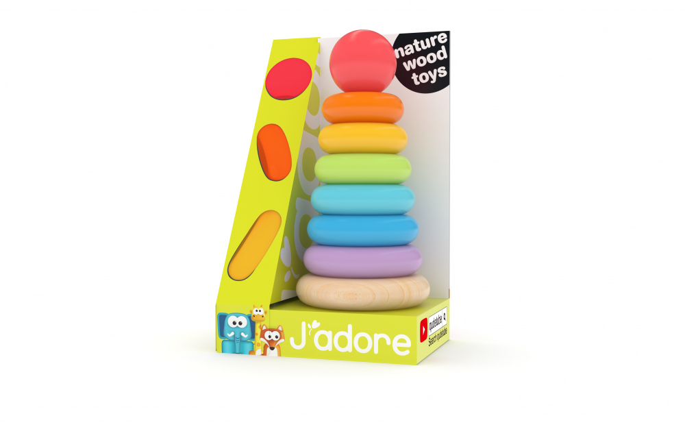 Wooden ring sorter, J'adore, Rainbow, 8 pieces