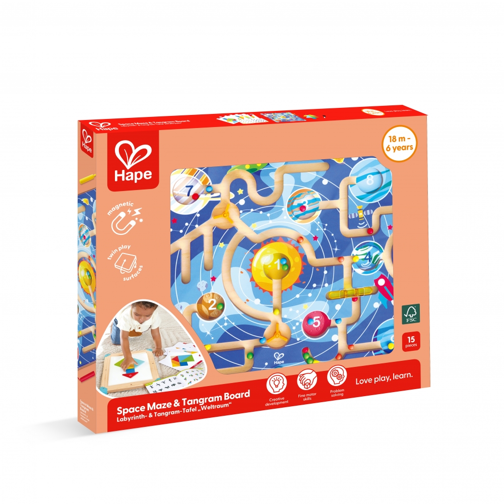 Wooden 2-in-1 Playset, Hape, Space Maze and Tangram Board, 15 Pieces