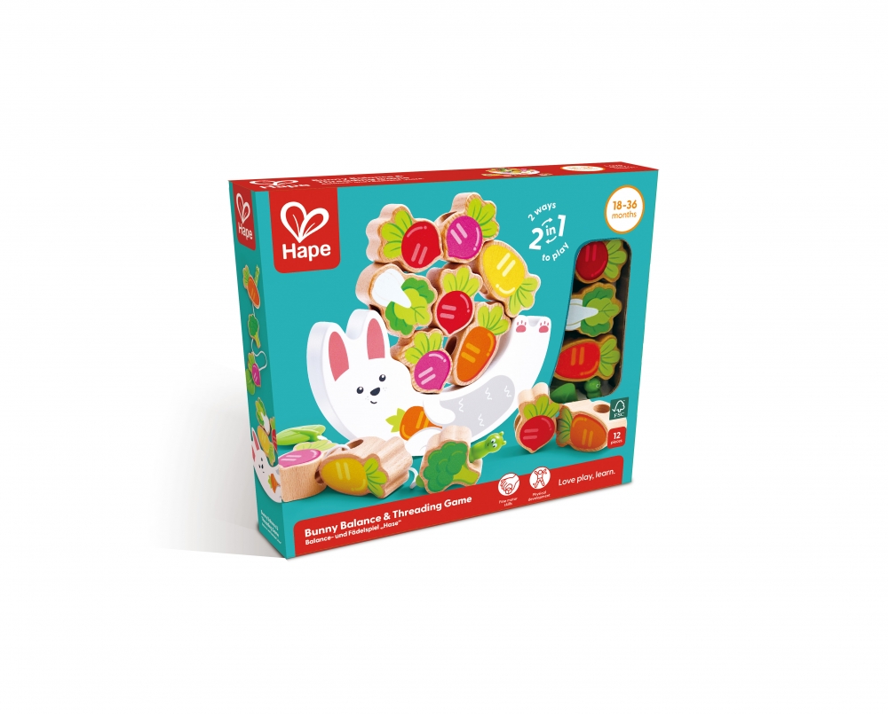 Интерактивна дървена играчка, Hape, Зайче, Баланс и нанизване