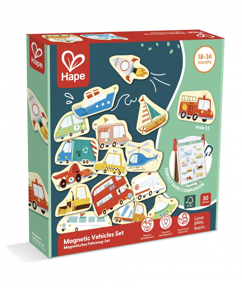Комплект за игра, Hape, Магнитни превозни средства, 30 броя