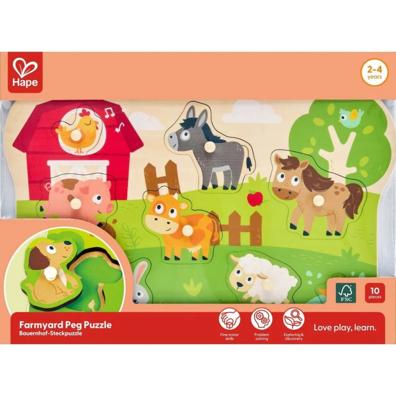Дървен пъзел за игра, Hape, Ферма, 10 части