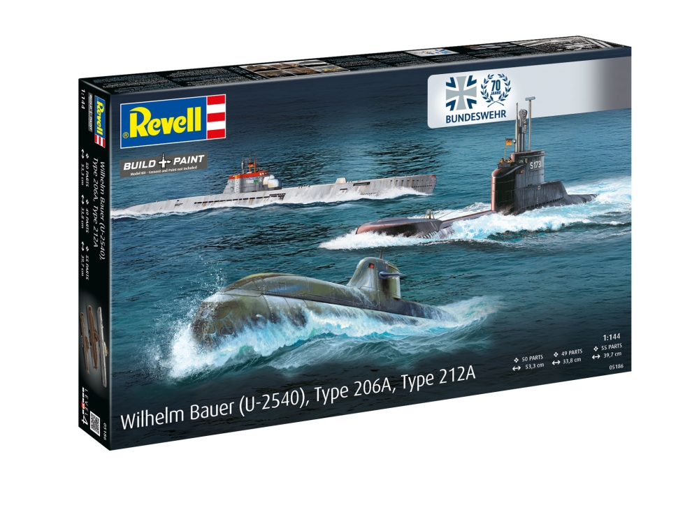 Assembly model kit, Revell, 70th anniversary Bundeswehr submarine: Wilhelm Bauer, Type 206A, Class2, 154 parts