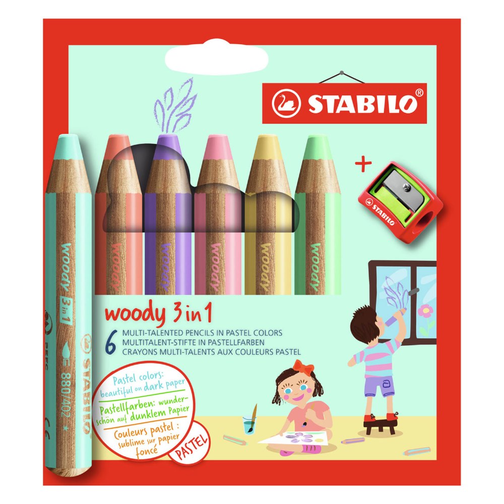 Комплект цветни моливи, Stabilo, Woody 3 в 1 Pastel + острилка ST8806-3, 6 цвята
