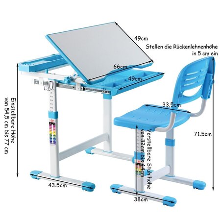 Adjustable children's desk and chair, blue, Costway